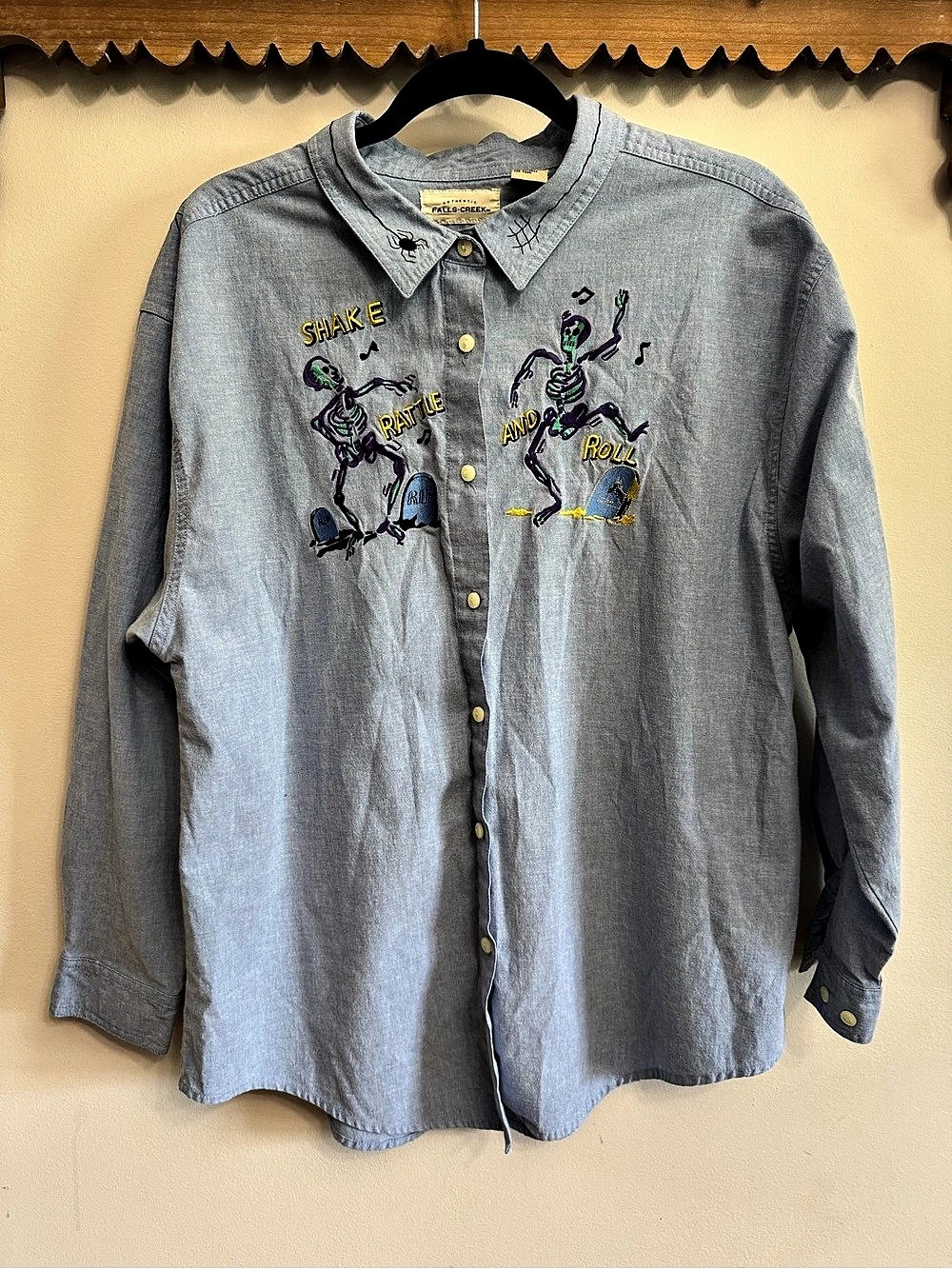 Vintage Falls Creek Shake Rattle and Roll Skeleton Embroidered Chambray Shirt Bl
